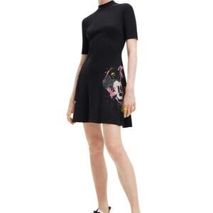 Women's Desigual Mickey Mouse Black Mini Skater Dress Short Sleeve Ribbed XS